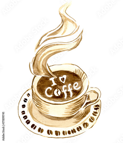 Чашка с горячим кофе на блюдце, в горячем кофе надпись 