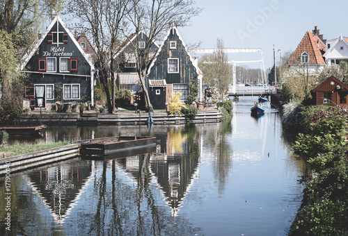 Historic Wooden Houses in Front of a Canal in Volendam, the Netherlands