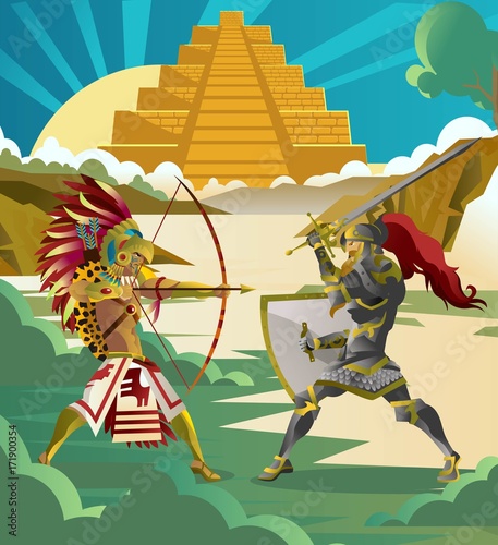 european knight fighting an aztec warrior in the jungle photo