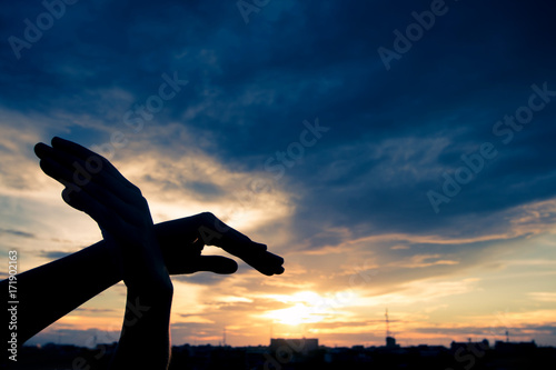 Silhouette human hands shape bird flying over sky and sunset background. Freedom concept.