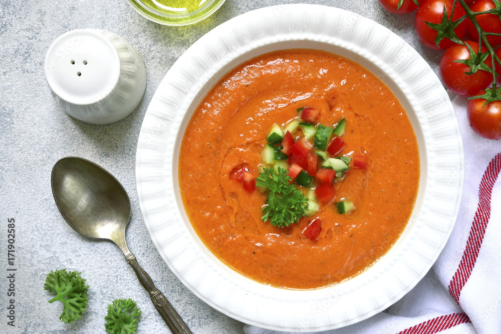 Tomato soup gazpacho or salmorejo.Top view . Tomato soup gazpacho or salmorejo.Top view .