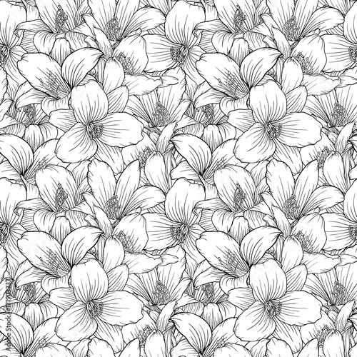 Fototapeta Naklejka Na Ścianę i Meble -  Beautiful monochrome, black and white seamless pattern with lilies. Hand-drawn contour lines. design greeting card and invitation of the wedding, birthday, Valentine s Day, mother s day, other holiday