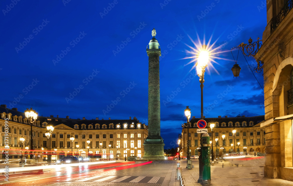 Naklejka premium The Vendome column , the Place Vendome at night, Paris, France.