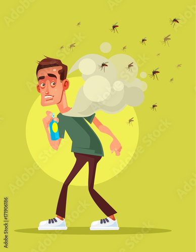 Scary afraid man fight with insect by spray. Vector flat cartoon illustration