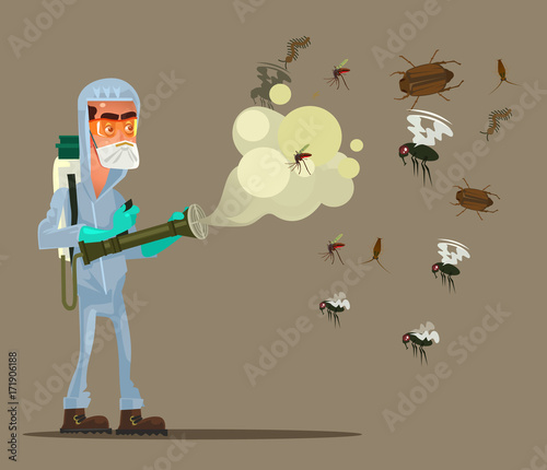 Pest control service man character trying killing insects. Vector flat cartoon illustration