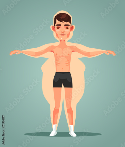 Strong slim man character locked up in fat man body. Vector flat cartoon illustration