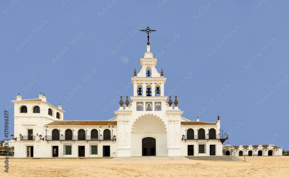 El Rocio hermitage in a cloudy day at small village with the same name in Almonte, Huelva, Andalusia, Spain