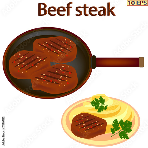Meat rissole. Fried cutlet in the pan. Steak. Cutlet with bread. Chop. Meatball fried. Meat and bread. American food. Burger with beef steak. Vector illustration.