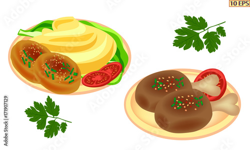 Cutlet on the bone and mashed potatoes. Steak with mashed potatoes. American food. Cutlets. Meat chop and bread. Fried meat cutlets. Vector illustration.