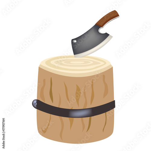 Axe for meat. Kitchen hatchet for meat cutting. Kitchen knife for cutting meat. Tree stump for cutting meat. Vector illustration. 