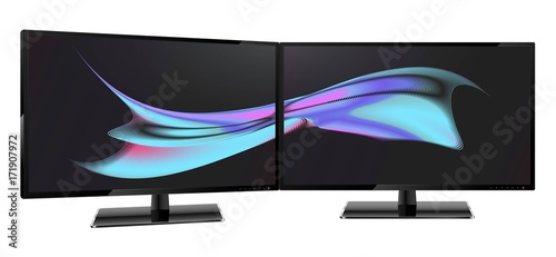 Two desktop monitors full hd aspect ratio 16:9. Multiple Screen. Multiple wallpaper on screens. 