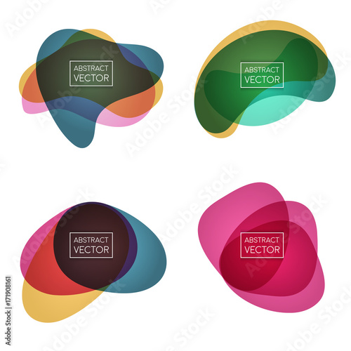 Abstract shapes form. Label collection. Paper style. Blue and orange, green and yellow, pink and purple colors. Big Set of Trendy Geometric Bubbles. Stock vector.