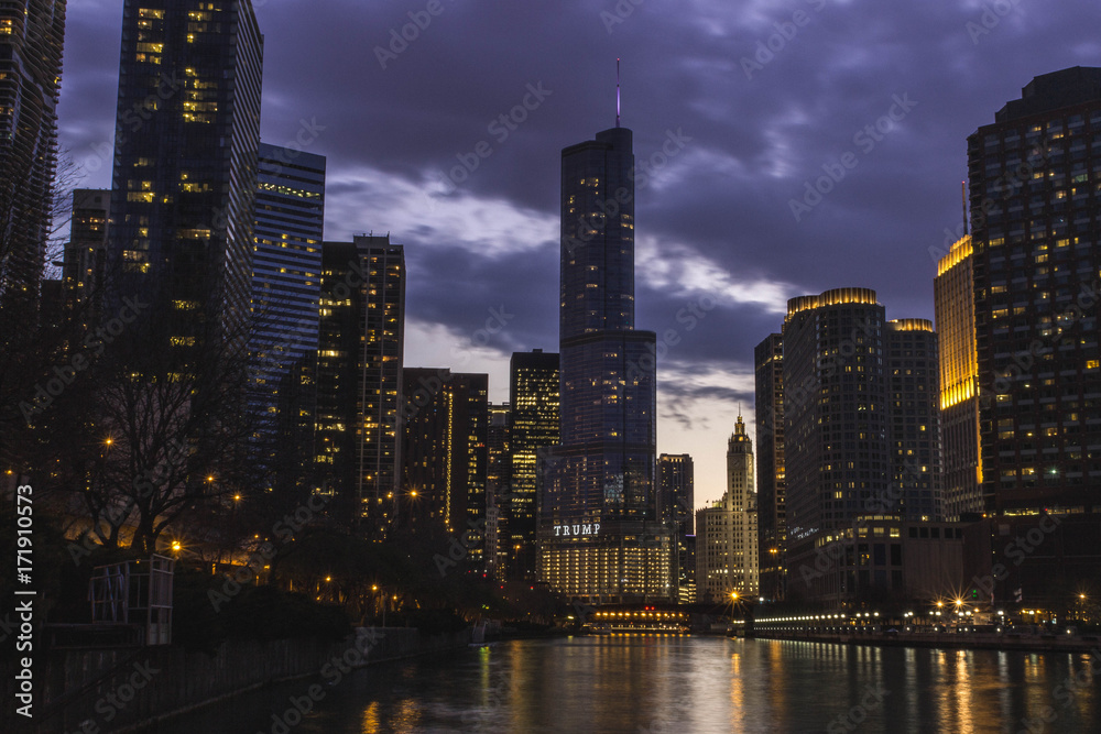 view of chicago skyline and riverwalk