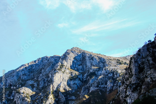 Winter Landscape in Picos de Europa mountains, Cantabria, Spain. The jagged, deeply fissured Picos de Europa mountains straddle southeast Asturias, southwest Cantabria and northern Castilla y Leon.