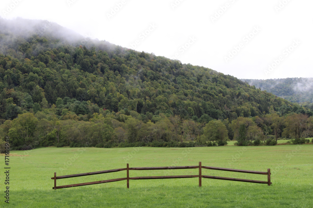 Hillside with low clouds and green meadow with fence section
Hillside with low clouds and green meadow with fence section
