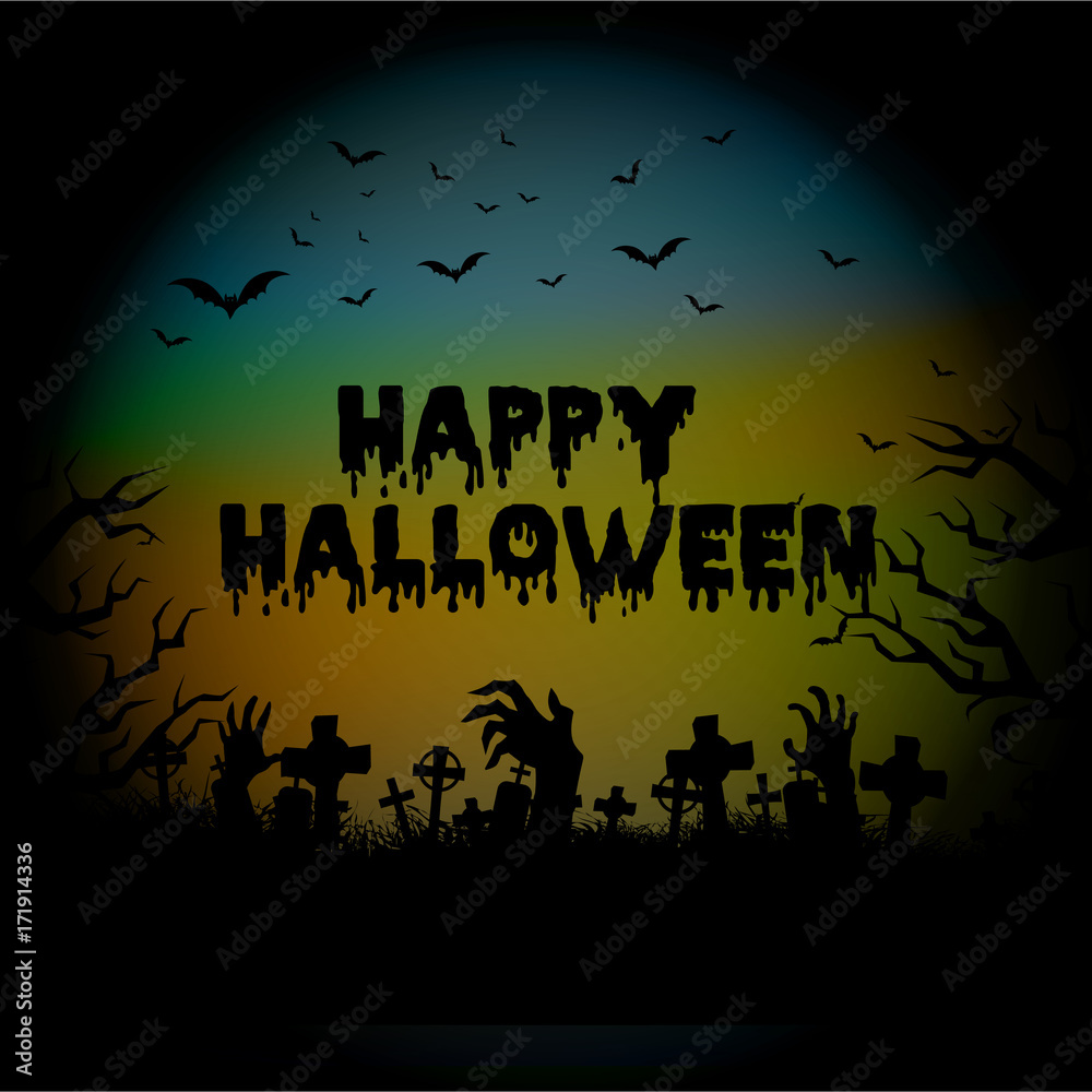 Halloween night background with haunted house, tree, pumpkin and bats. Vector