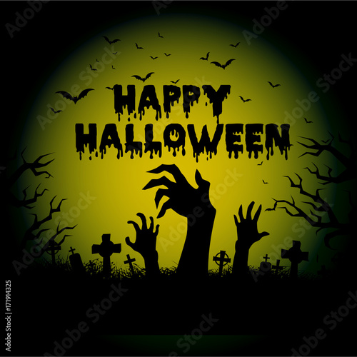 Halloween night background with haunted house, tree, pumpkin and bats. Vector