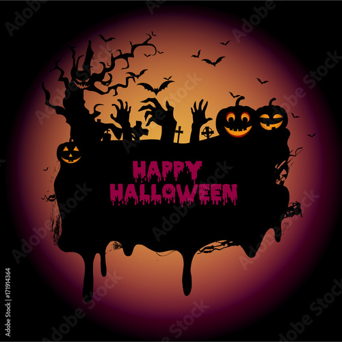 Halloween night background with haunted house, tree, pumpkin and bats. Vector