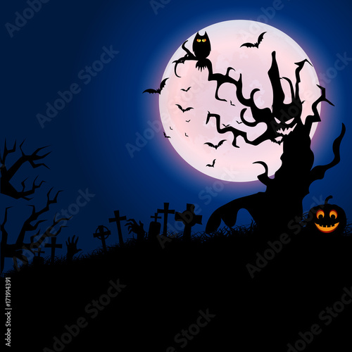 Halloween night background with haunted house, tree, pumpkin and bats. Vector