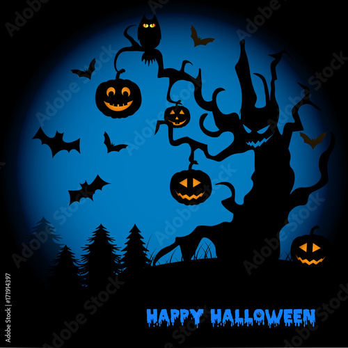 Halloween night background with haunted house, tree, pumpkin and bats. Vector