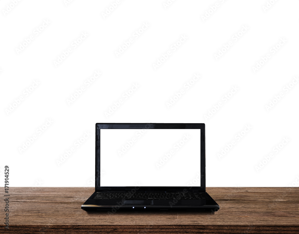 Laptop computer blank white screen, on wooden table, isolated on white background. Clipping path included Laptop computer blank white screen, on wooden table, isolated on white background. Clipping path included