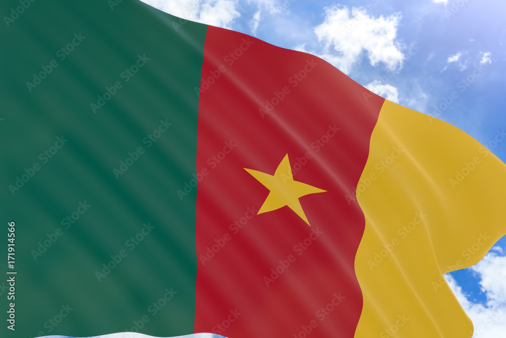 3D rendering of Cameroon flag waving on blue sky background 3D rendering of Cameroon flag waving on blue sky background