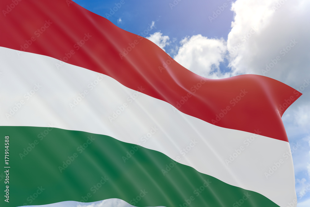 Fototapeta premium 3D rendering of Hungary flag waving on blue sky background