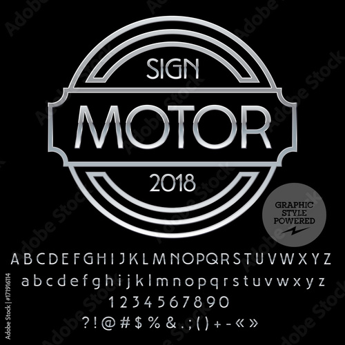 Vector Silver Alphabet set with Logo for Motor. Chrome Font contains Graphic Style