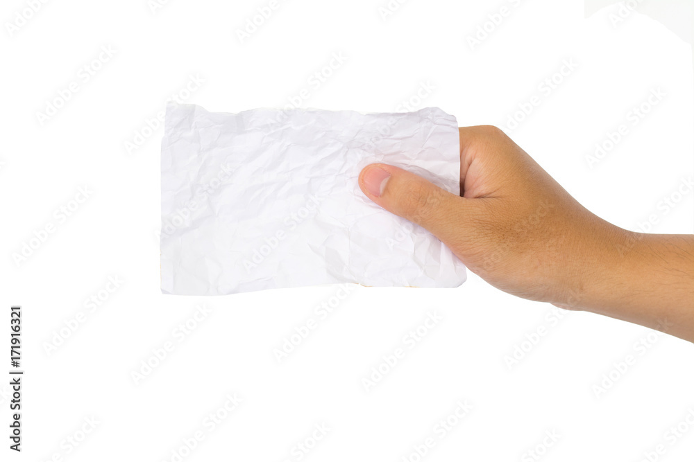 close up of a hand holding blank crumpled note isolated on white background close up of a hand holding blank crumpled note isolated on white background