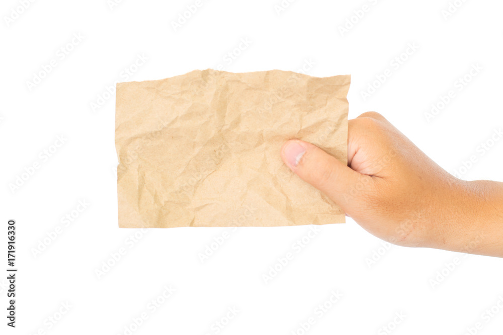 Fototapeta premium close up of a hand holding blank note isolated on white background