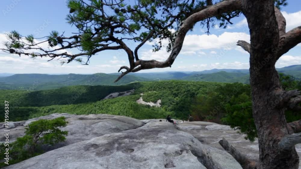 Filmed at Stone Mountain North Carolina. The camera beautifully pans across the horizon line from the summit of the mountain. A magnificent mountain view is seen: Trees, blue skies, & mountains. Filmed at Stone Mountain North Carolina. The camera beautifully pans across the horizon line from the summit of the mountain. A magnificent mountain view is seen: Trees, blue skies, & mountains.