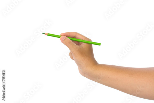 Men hand holding green pencil on isolated white background
