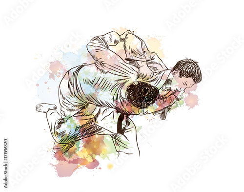 Watercolor sketch of Playing Judo Karate in vector illustration.