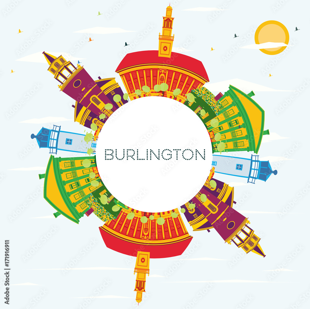 Burlington Skyline with Color Buildings, Blue Sky and Copy Space.