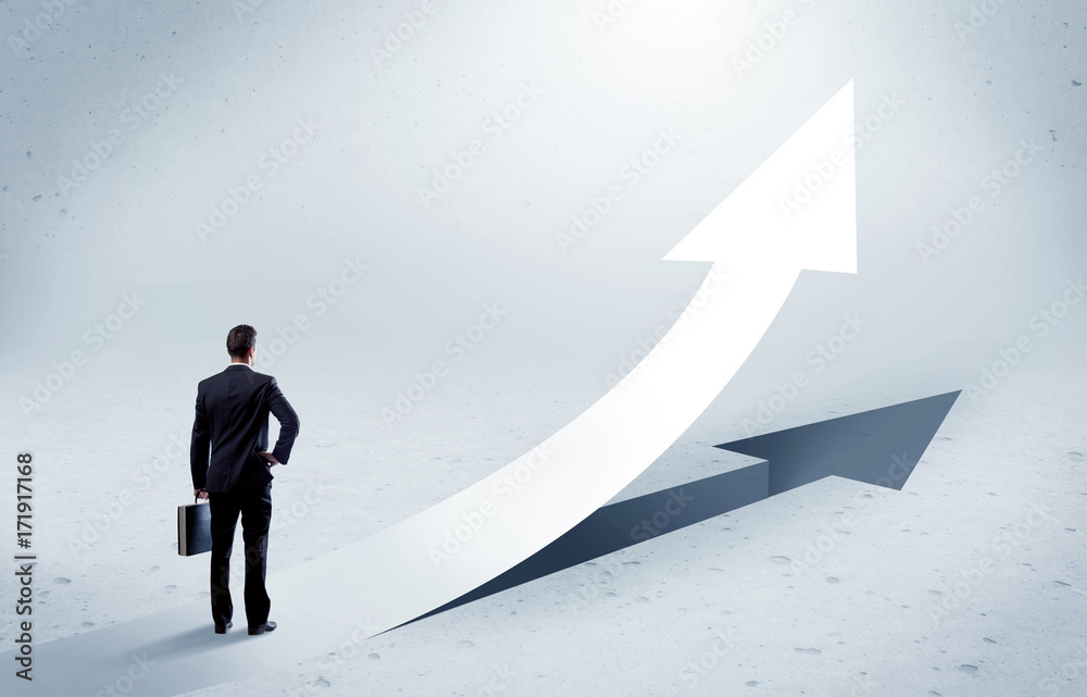 Arrow pointing up with standing salesman Arrow pointing up with standing salesman