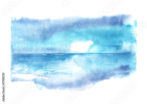 Watercolor seascape. Blue water, sea, ocean, river, skyline and blue sky. Scenic background for your design.