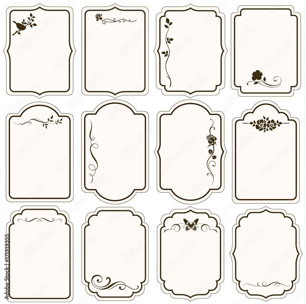 Vector set of decorative vintage tags, calligraphic floral frames, ornaments for scrapbook and wedding invitation design