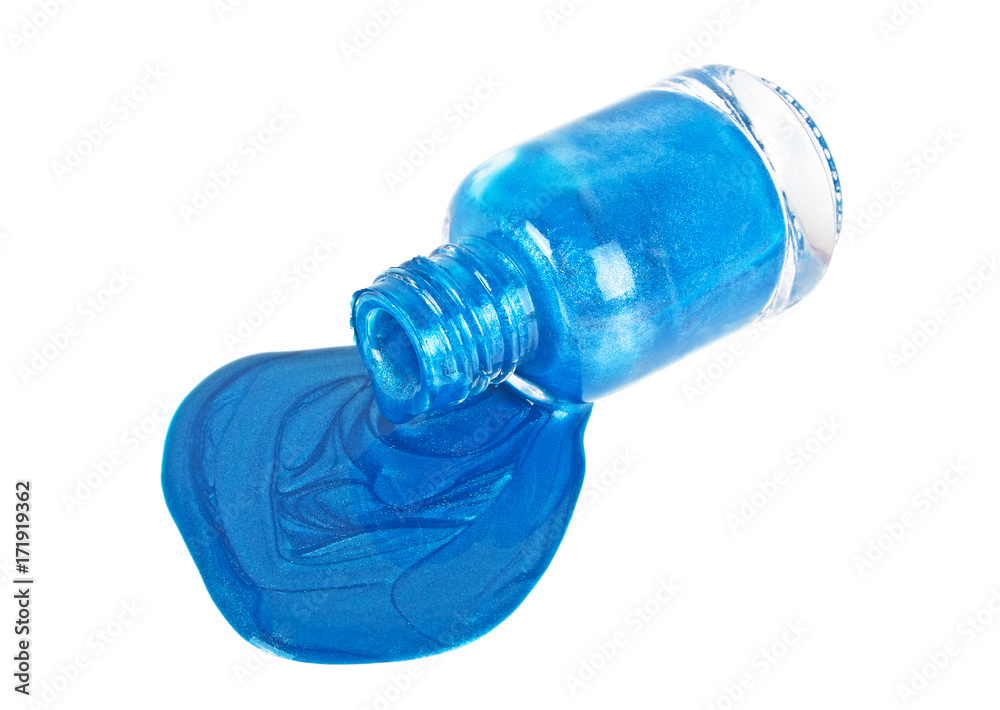 Blue nail polish bottle with splatters isolated on a white background