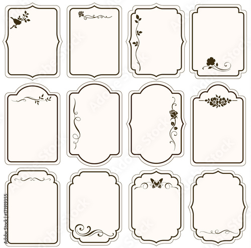 Vector set of decorative vintage tags, calligraphic floral frames, ornaments for scrapbook and wedding invitation design