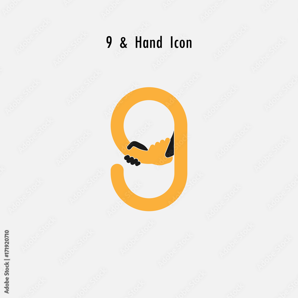 Creative 9- Number icon abstract and hands icon design vector template.Business offer,partnership,hope,support or help concept.Corporate business and industrial logotype symbol.