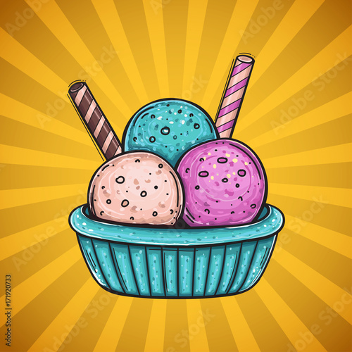 Three color ice cream with different flavors, with two wafer straws. Cold, fresh dessert in a bowl, isolated vector