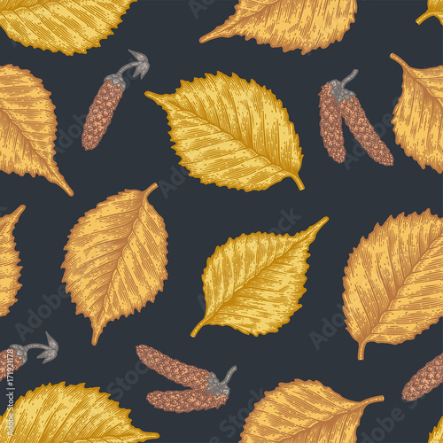 Engraving autumn birch seamless pattern.