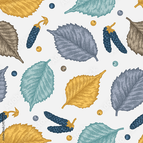 Engraving autumn birch seamless pattern.