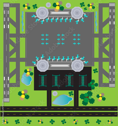 Airport Layout top View  Twin runway parking taxiway and Building Detail