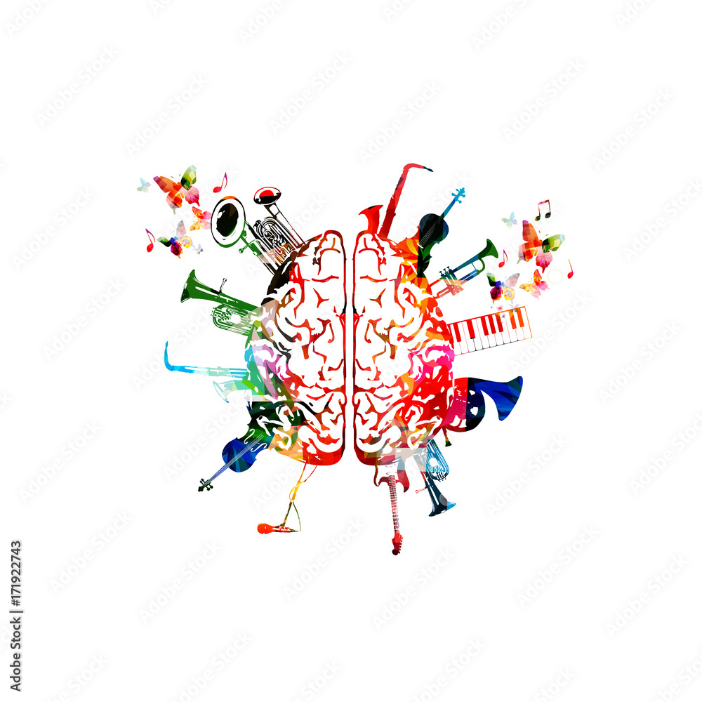 Music design vector. Colorful human brain with music instruments isolated. Brain with saxophone, violoncello, trumpet, piano keyboard, french horn, euphonium, microphone and guitar vector illustration