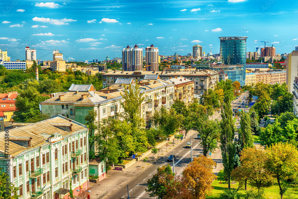 Kiev or Kiyv, Ukraine: aerial panoramic view of the city center in the summer