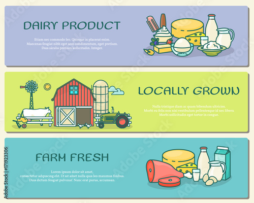 Vector set of farm horizontal banners in flat linear style