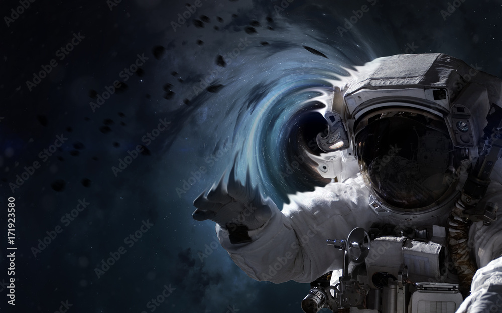 Black hole and astronaut. Abstract space wallpaper. Universe filled with stars, nebulas, galaxies and planets. Elements of this image furnished by NASA