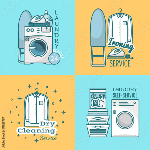Vector set of laundry labels, logos in modern linear style