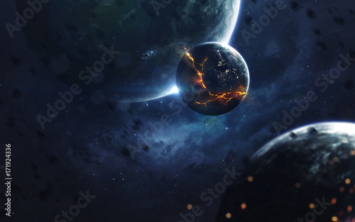 Explosion of planet, science fiction image, dark deep space with giant planets, hot stars, starfields. Incredibly beautiful cosmic landscape . Elements of this image furnished by NASA